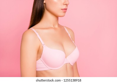 Cropped half turned close up photo of healthy stunning seductive breast she her woman dressed in pale pink bra flawless isolated on rose background