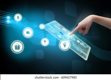 Cropped hand pointing against futuristic screen with quaders 3d