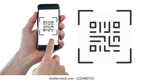 Cropped hand scanning qr code with mobile phone with copy space on white background. mobile app and cashless technology concept.