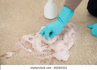 Cropped hands cleaning rug with soap foam at home