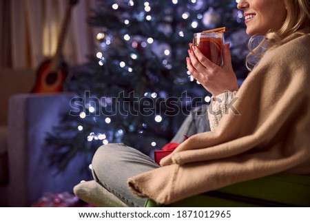 Cropped head portrait of Charming gorgeous woman in warm blanket relaxing at the cup of hot tea in cozy home apartments
