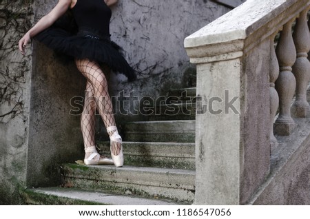 Cropped image of ballerina's legs and feet, posing in pointe shoes, outdoors.