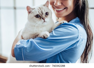 Cropped Image Of Beautiful Female Doctor Veterinarian Is Holding Cute White Cat On Hands At Vet Clinic And Smiling.