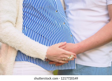 Cropped image of beautiful pregnant woman and her handsome husband hugging the tummy - Shutterstock ID 1217720149