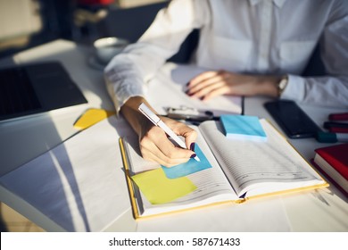 Cropped Image Of Creative Female Secretary Creating Planning For Executive Noting Important Meeting And Events Organizing Work Of Busy Boss While Sitting At Working Place In Coworking Office