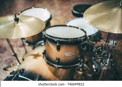 Cropped Image Of Drum Set. Closeup Of Drum Kit. Bass Drum, Floor Tom, Snare Drum, Hanging/rack Toms, Hi-hat, Crash Cymbal. Rehearsal Base