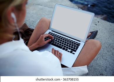 Cropped Image Of Female Using Net-book With Blank Copy Space Screen For Your Text Message Or Promotional Content, Hipster Girl Tourist Chatting On Laptop Computer Outside, Young Woman Watching Movie