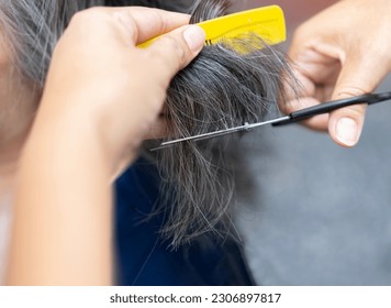 Cropped image of hands working with hair scissors. Professional hairstyler woman cutting hair of mature woman. Gray hair style concept. - Powered by Shutterstock