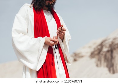 Cropped Image Jesus Holding Wooden Rosary Stock Photo 1186960771 ...