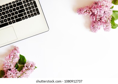 Cropped Image Laptop Keyboard Lilac Flowers Stock Photo 1080912737 ...