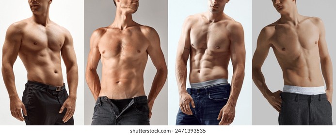 Cropped image of male body against light background. Collage. Male models with muscular bodies, torsos. Concept of men's health, beauty, fashion, body and skin care, fitness, ad - Powered by Shutterstock