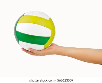 Cropped Image Of A Man Hand Holding A Volleyball Ball Against A White Background