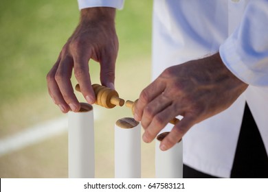 Cropped image of referee putting bails on cricket stumps during match - Powered by Shutterstock