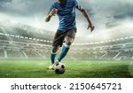 Cropped image of running soccer, football player at stadium during football match. Concept of sport, competition, goals. Collage, poster for ads. Crowded stadium effect