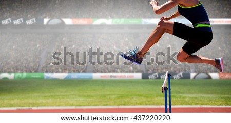 cropped image of woman practicing show jumping against view of a stadium