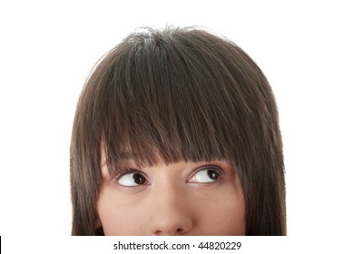 Cropped Image Of A Young Girl With Her Eyes Looking Away Right Isolated On White Background