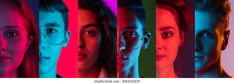 Cropped images of multiethnic people on multicolored background. Collage made of half of faces of young fashion models. Concept of emotions, equality, unification of all nations, ages and interests.