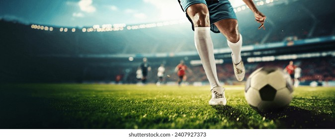 Cropped male legs hitting ball, players during game on open air 3d arena, competing. Sport fans cheering up team. Concept of sport, game, competition, championship. 3D render - Powered by Shutterstock