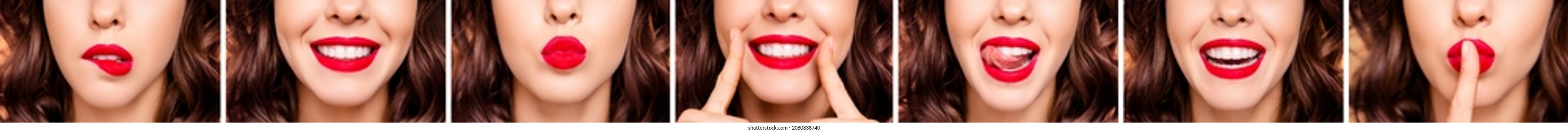 Cropped panorama picture of gorgeous lady enjoy dentistry cure body skin care pouting lips isolated over yellow color background