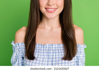 Cropped Photo Of Adorable Positive Smiling Girl Wear Shiny Nude Lipstick Beauty Guru Isolated On Green Color Background