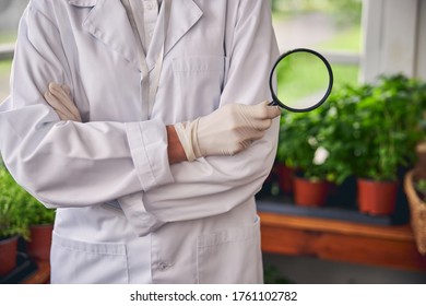 Cropped Photo Of A Biological Scientist Standing With Folded Arms In Her Lab Among Plants