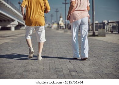 Cropped photo of an elderly man in shorts and his wife in trousers training together - Shutterstock ID 1815751964