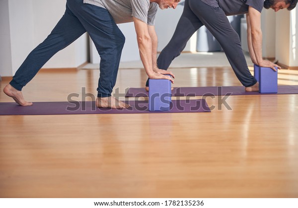 Cropped photo of focused yogis\
exercising with their hands placed on the foam yoga\
blocks