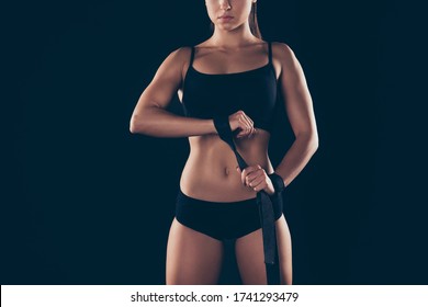 Cropped Photo Of Gorgeous Woman Lady Have Bandage Power Lifter Isolated Over Black Background