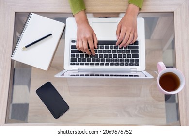 Cropped photo of hands type write laptop table workplace organized workstation indoors inside house home flat