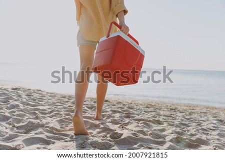 Cropped up photo shot barefoot back view young woman wear shorts summer clothes carry picnic bag refrigerator outdoors on sea sunrise sand beach background People vacation lifestyle journey concept.