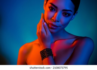 Cropped photo of stunning lady touch silky face hand pampering isolated bright glowing colorful background