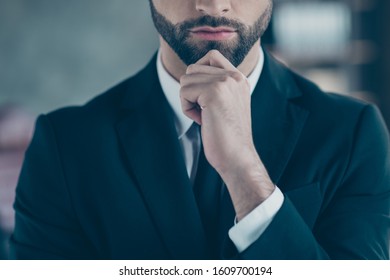 Cropped Photo Of Successful Business Guy Self-confident Person Not Smiling Perfect Look Deep Thinking Arm On Chin Wear Black Blazer Shirt Tie Suit Costume Standing Office Indoors