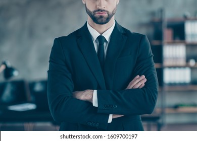 Cropped Photo Of Successful Business Guy Self-confident Person Arms Crossed Not Smiling Perfect Look Wear Black Blazer Shirt Tie Suit Costume Standing Office Indoors