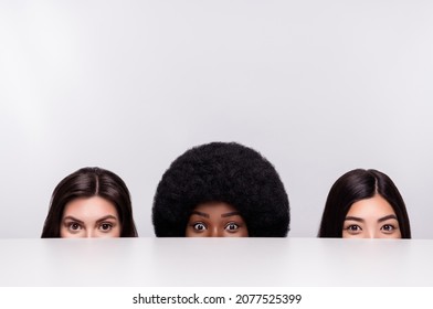 Cropped Photo Of Three Young Attractive Girls Happy Positive Smile Look See Spy Interested Isolated Over Grey Color Background