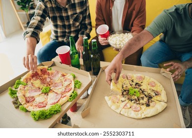 Cropped photo of threefriends hang out eat pizza weekend modern interior apartment indoors