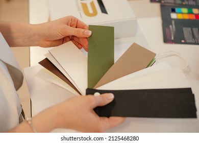 Cropped Photo Of Woman Hands Holding Choosing Design Multicolor Folded Envelope Paper Craft. Print House Business Offset