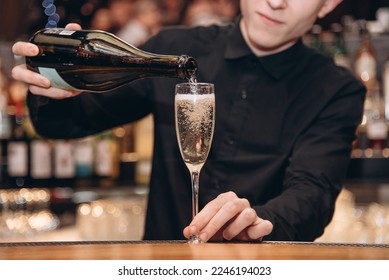 Cropped photo of young bartender pouring champagne into a glass behind bar counter in bar, closeup view, alcohol bottles in background