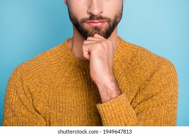 Cropped Photo Of Young Handsome Attractive Serious Man Thinking Hold Hand On Chin Isolated On Blue Color Background