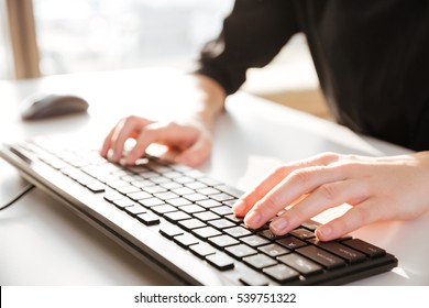 Cropped photo of young woman worker sitting in office while typing by keyboard.