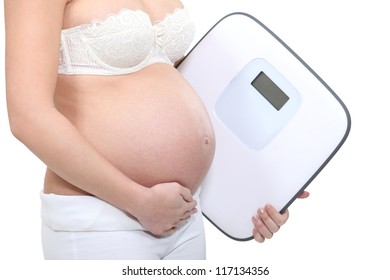 A Cropped Picture Of A Pregnant Woman With A Scale.