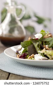 Cropped Plate Of Salad With Worcestershire Sauce Bottle At The Background