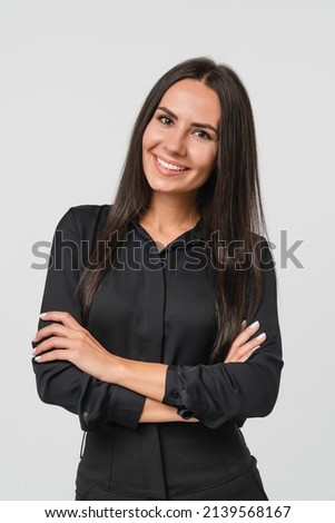 Cropped portrait of caucasian successful confident young businesswoman ceo boss bank employee worker manager with arms crossed in formal wear isolated in white background