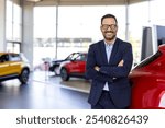 Cropped portrait of a handsome young male car salesman working on the showroom floor. Happy salesperson standing in a car showroom looking at camera.