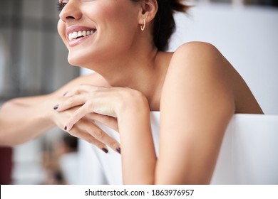 Cropped Portrait Of Joyful Woman Is Spending Good Time While Having Bath During Spa Day At Home. Concept Of Beauty, Self-care, Cosmetics