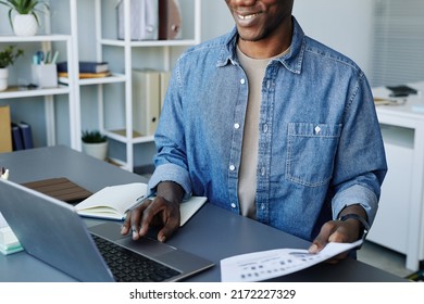 Cropped Portrait Of Young Data Scientist Using Laptop Computer In Office And Smiling