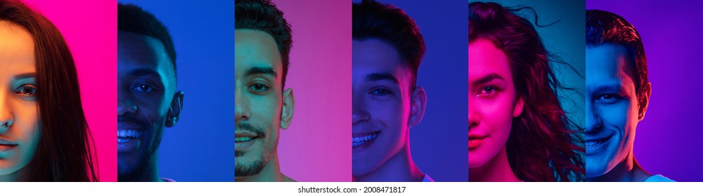 Cropped portraits of different surprised people on multicolored background in neon light. Flyer, collage made of models. Concept of emotions, facial expression, sales, advertising.
