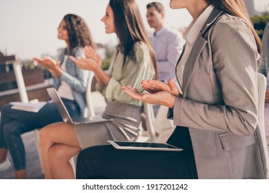 Cropped Profile Side Photo Of People Colleagues Having Meeting Team Building Clapping Applaud Outdoors Outside