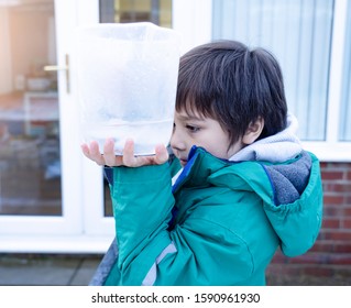 Cropped Shot Boy Holding Measuring Jug Pointing At Level Of Rain Collected In Garden. 6 Year Old Child Measuring Rainfall For School Science Project About Weather And Climate Change. Education Concept