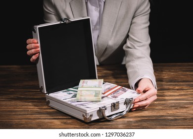 Cropped Shot Of Businesswoman Holding Suitcase Safe Box With Russian Rubles Banknotes