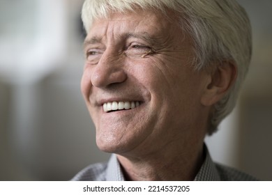 Cropped Shot, Close Up, Happy Face Of Older Man Having Wrinkled Skin And Wide Toothy Smile Looking Staring Into Distance. Dental Clinic Ad, Teeth Repair, Check Up Services For Seniors, Fun, Emotions